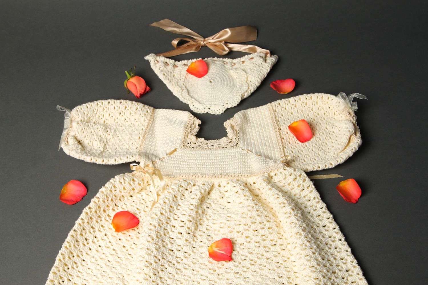 Handmade Taufe Babykleidung Set Häkel Accessoires Tauf Kleid und Mütze Mädchen foto 1
