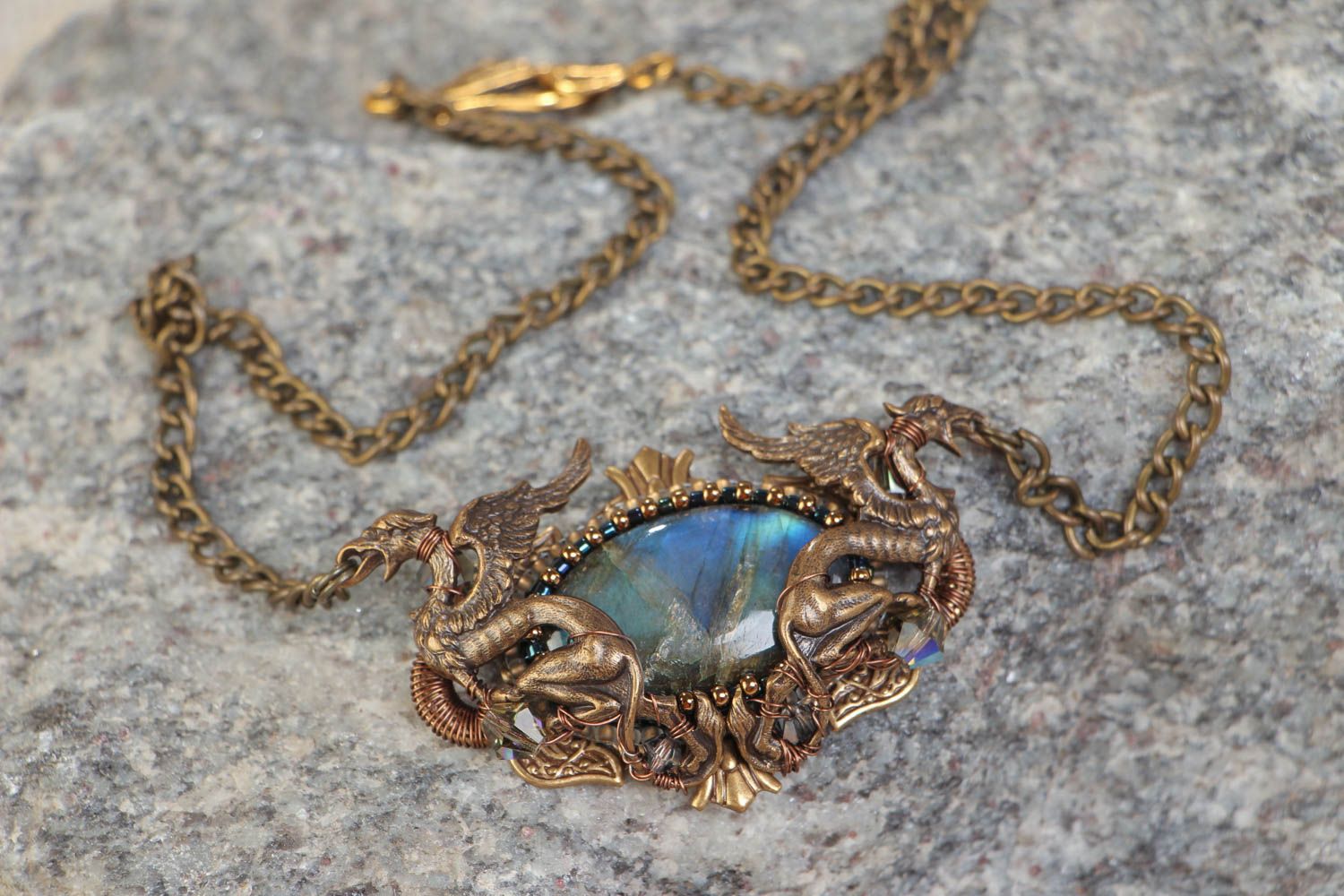 Handmade metal pendant necklace with labradorite stone on chain in elven style photo 1