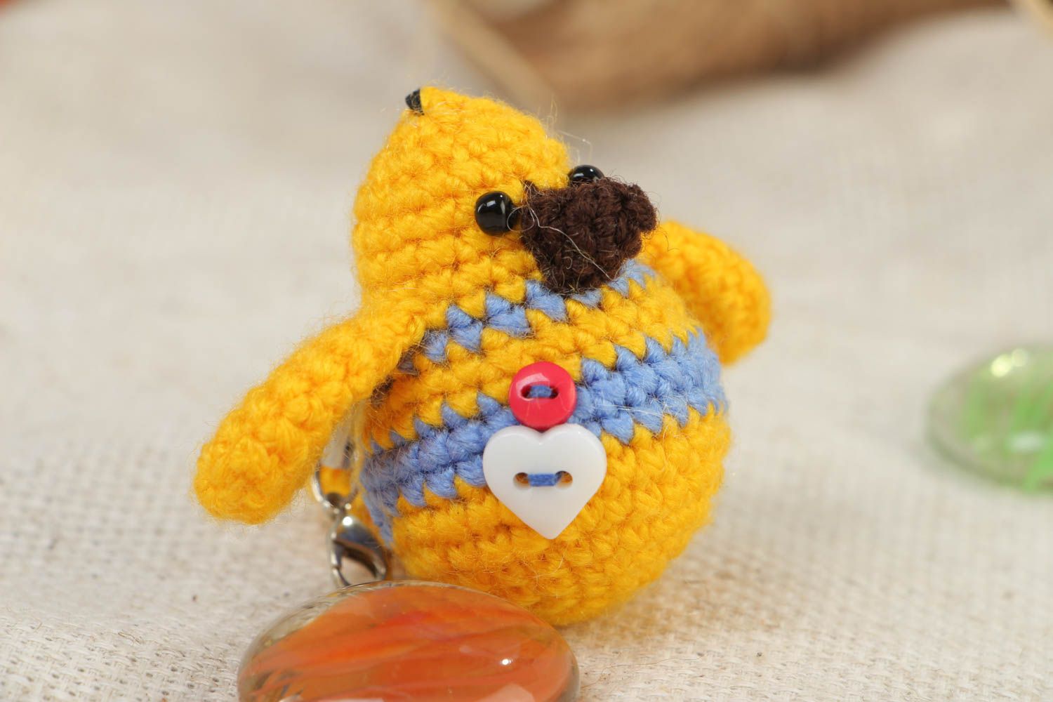 Handmade crocheted soft toy keychain in the shape of small yellow chicken photo 1
