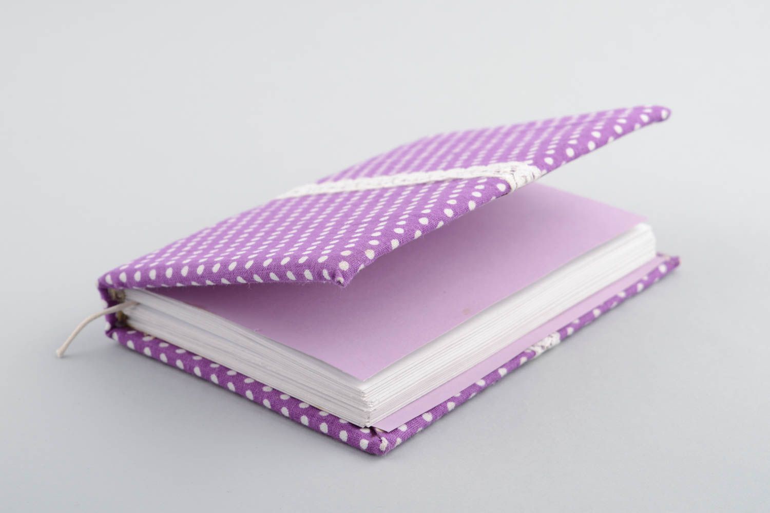 Handmade designer notebook with bright violet polka dot fabric cover with lace photo 3