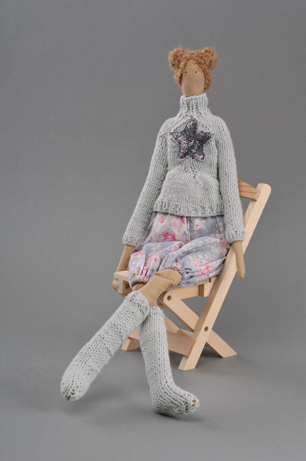 Handmade designer fabric soft doll stylish girl in knit sweater and stockings photo 1