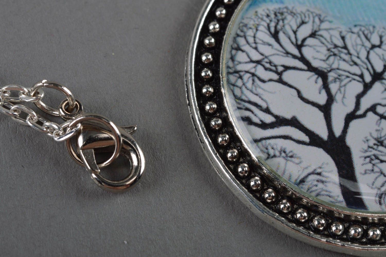 Beautiful handmade round decoupage pendant on chain with epoxy coating photo 3