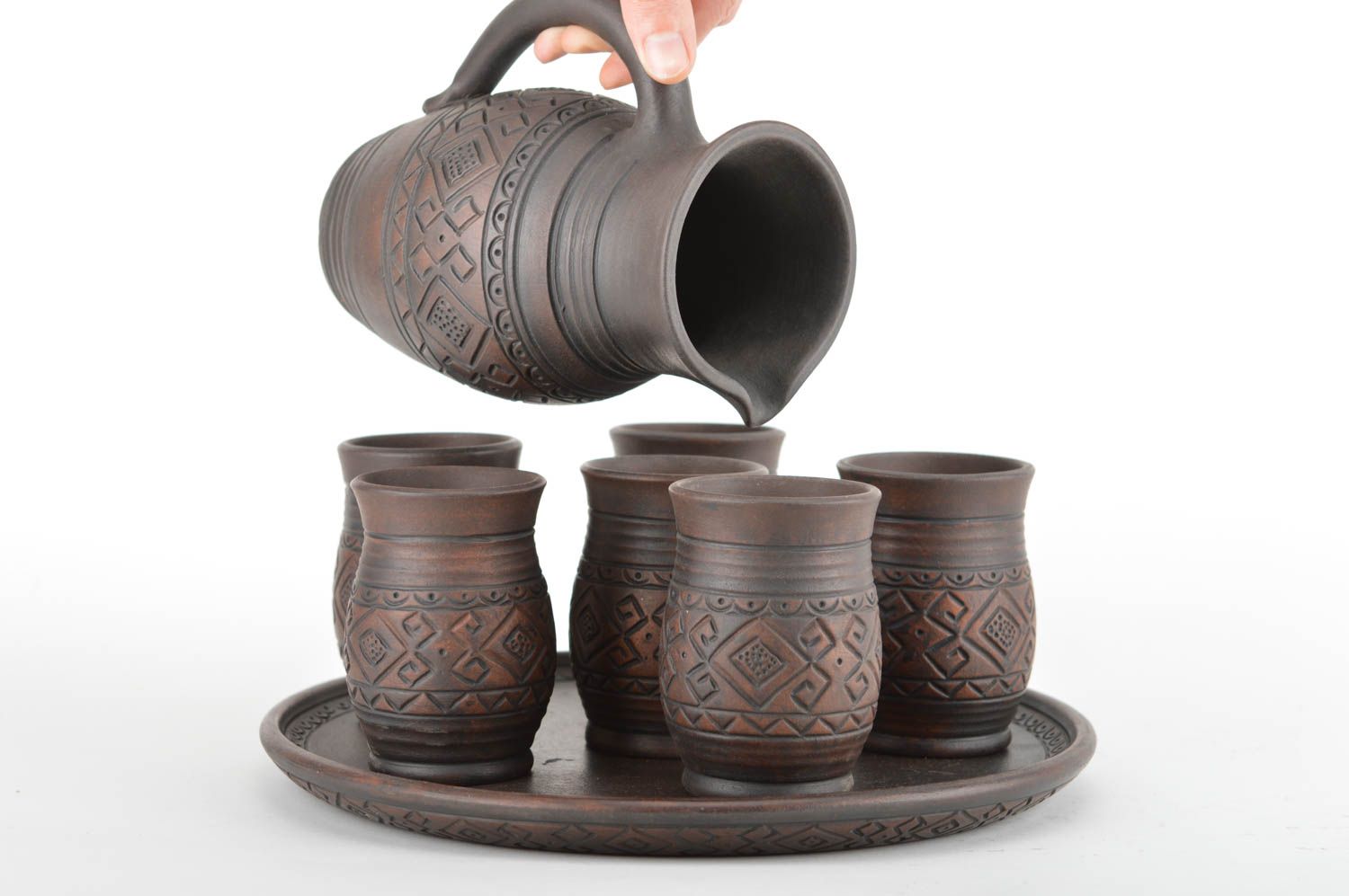 30 oz ceramic wine jug in dark brown color with six wine goblets and ashtray 8,7 lb photo 3