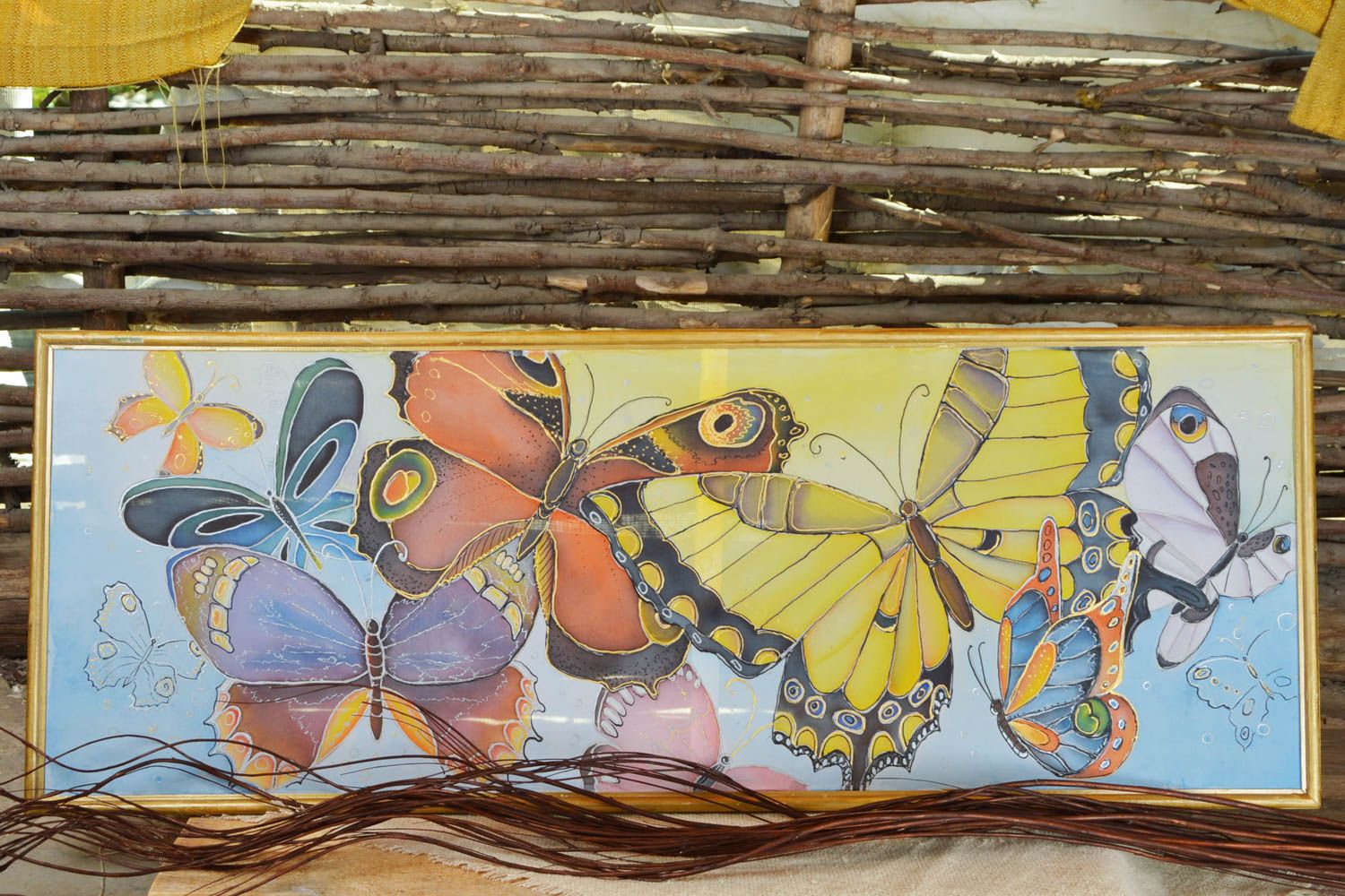 Handgemachtes Stoff Wandbild in Batik Technik Schmetterlinge für Büro Dekoration foto 1