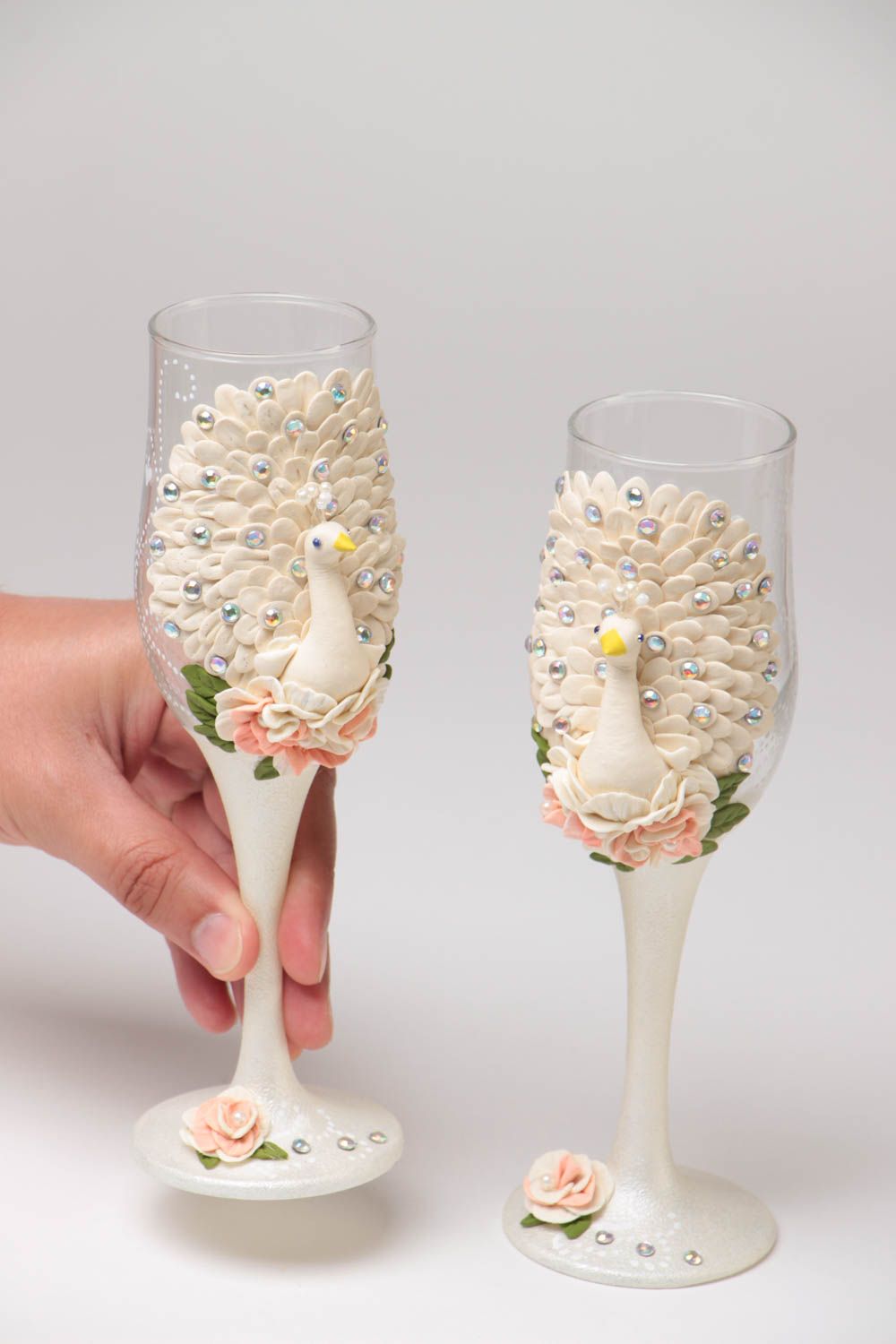 Handmade designer decorative wedding glasses white peacocks set of 2 items photo 5