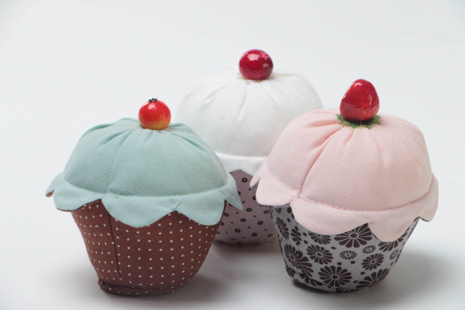 Set of 3 handmade designer fabric soft pincushions of various colors photo 3