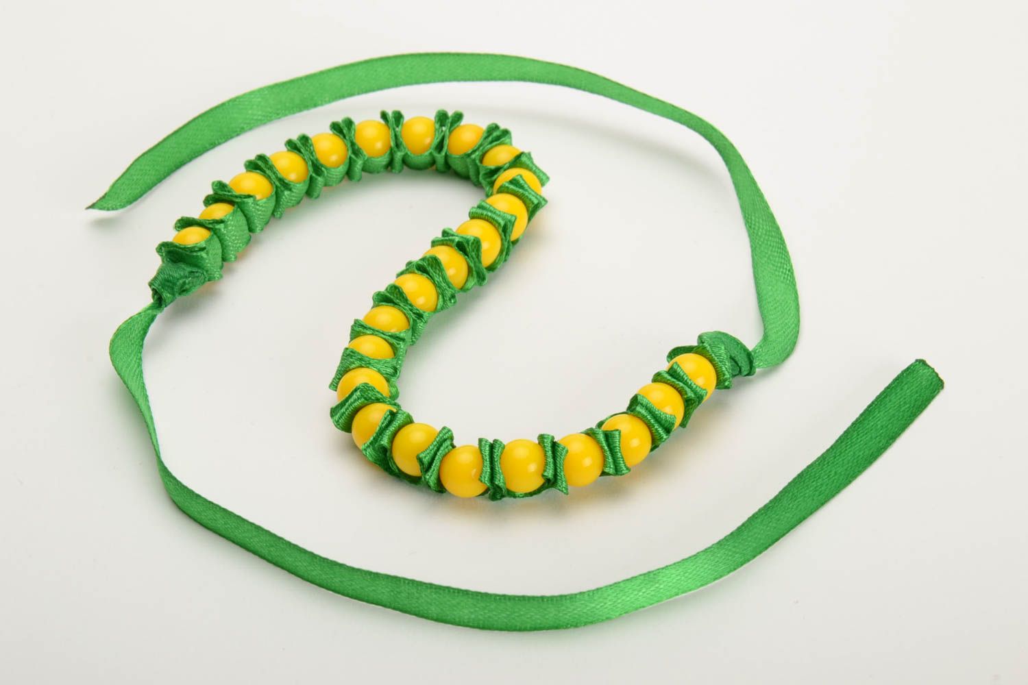 Green woven satin ribbon bracelet with plastic beads Summer handmade photo 4