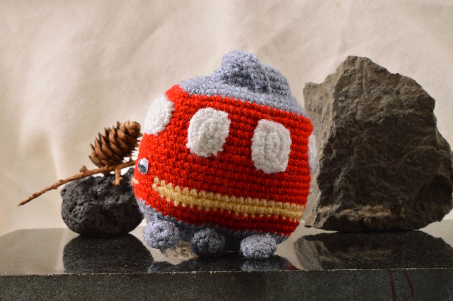 Small beautiful handmade soft red crocheted toy tram photo 1