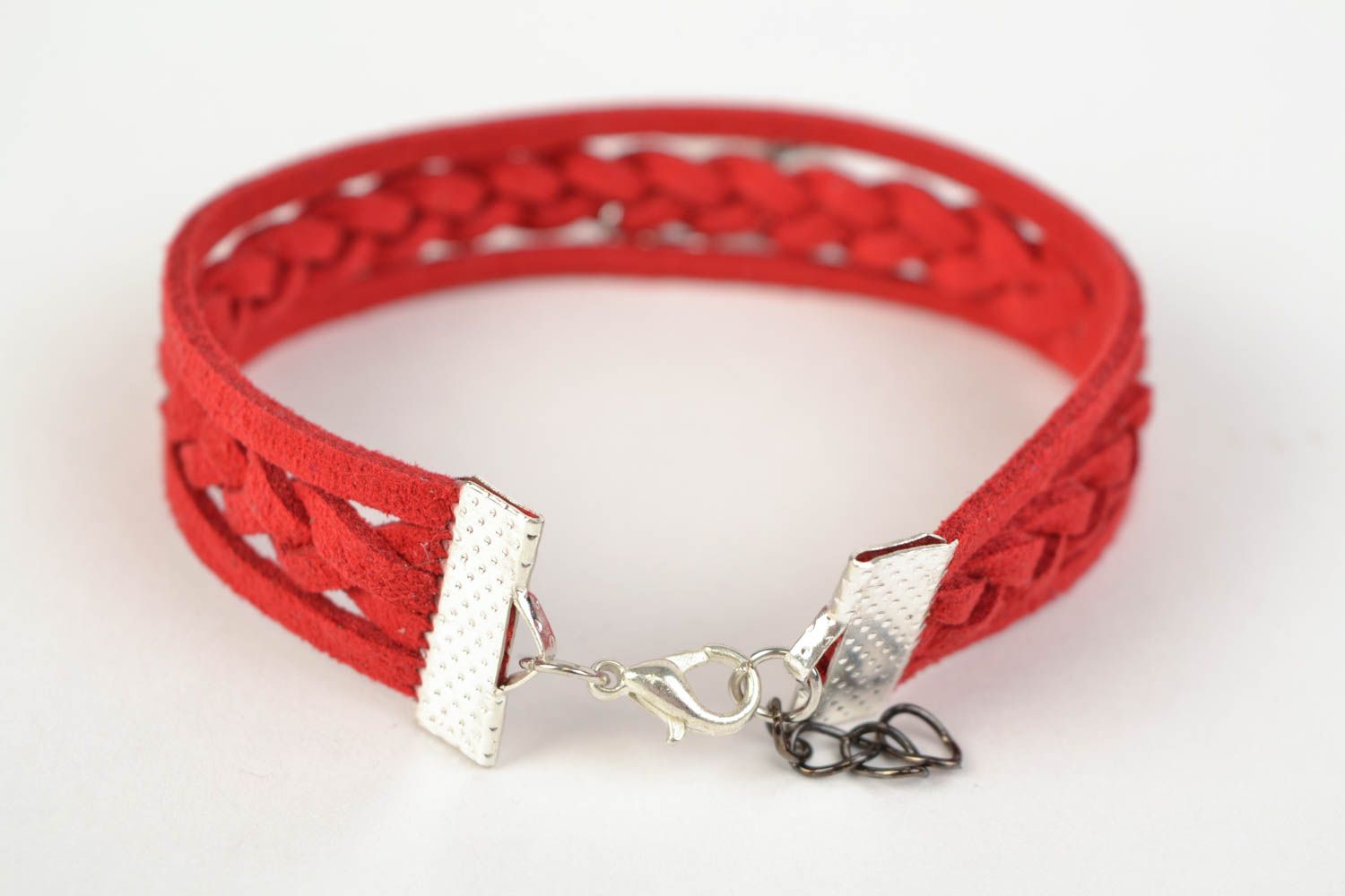 Stylish red handmade woven suede bracelet with metal heart shaped charm photo 4