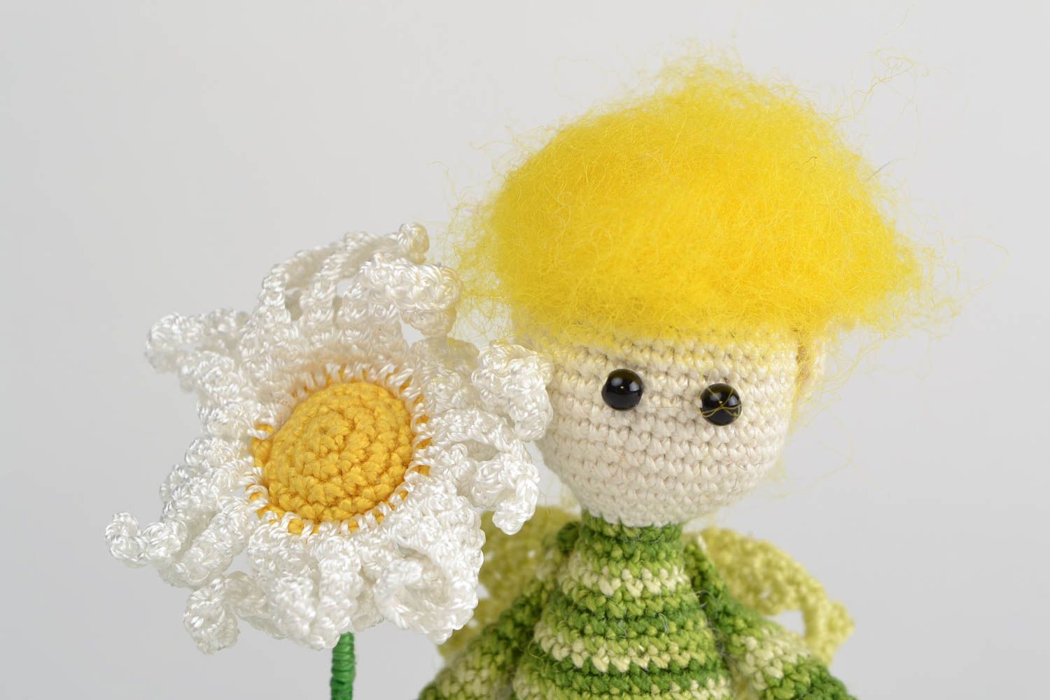 Handmade small soft toy crocheted of cotton threads Small Elf with Chamomile photo 4