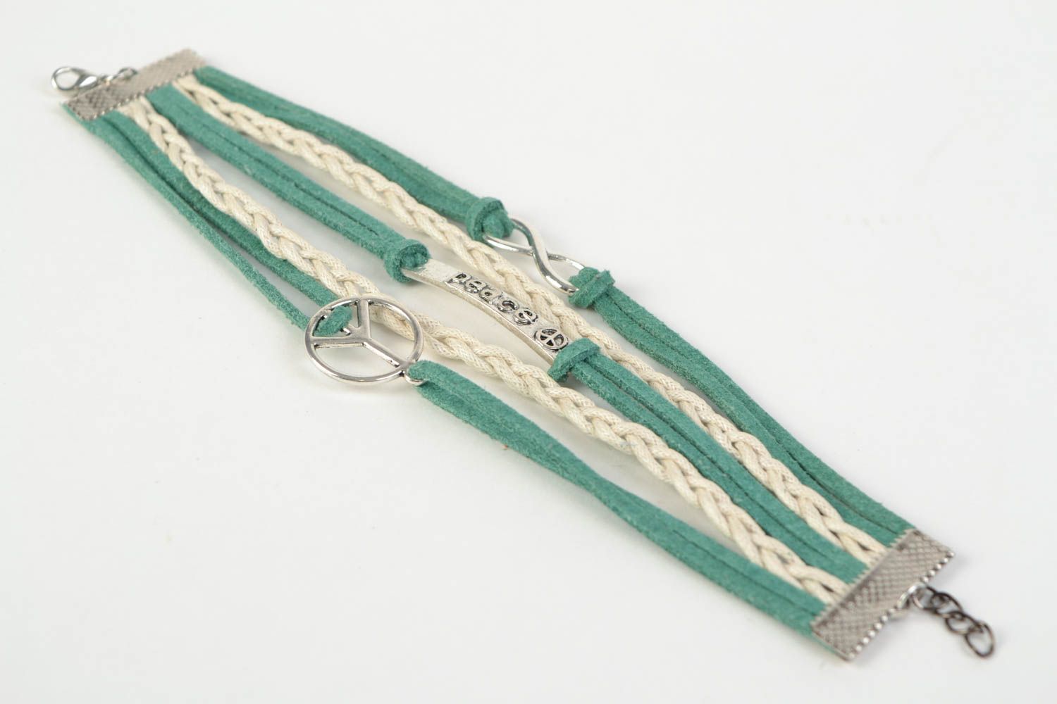 Handmade woven suede cord bracelet with metal charms for women photo 5