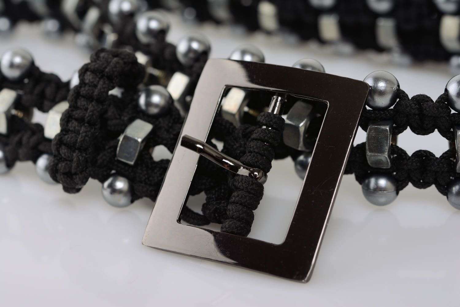 Unusual beautiful handmade black macrame woven belt with stainless steel nuts photo 3