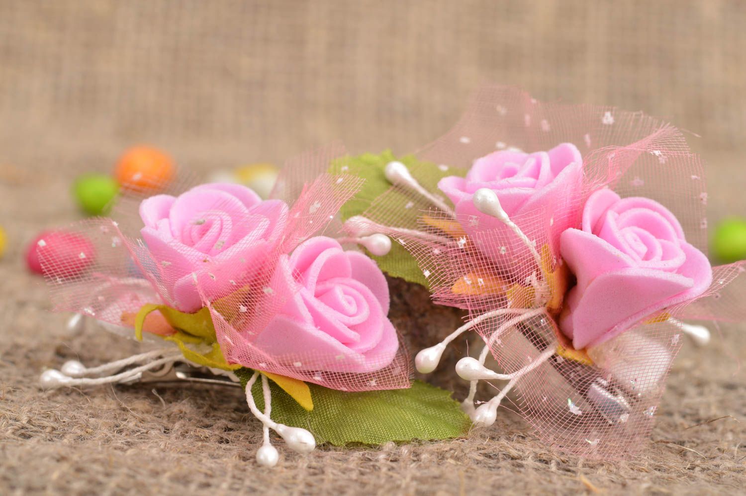 Pink handmade hair clips for kids made of artificial flowers set of 2 pieces photo 1