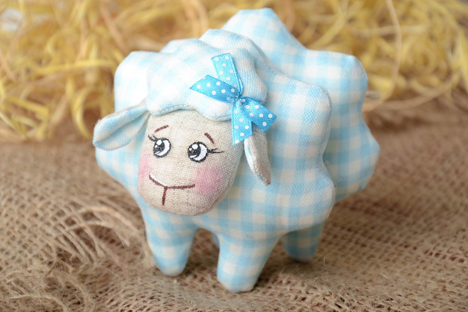 Handmade small checkered linen fabric soft toy blue lamb painted with acrylics photo 1