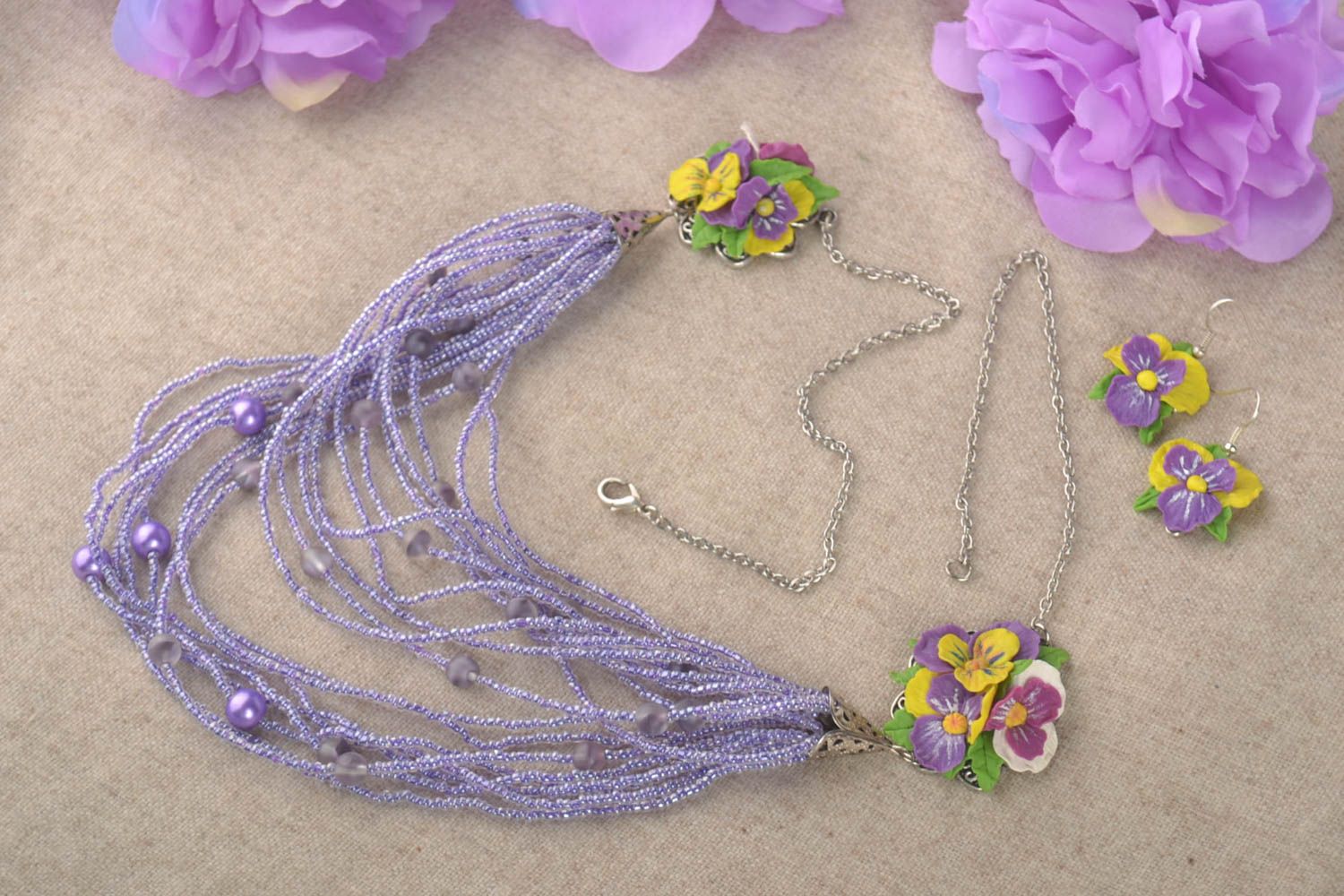 Handmade Schmuck Set Blumen Ohrringe Damen Collier aus Glasperlen und Polymerton foto 1