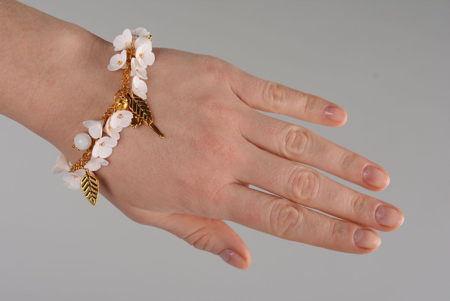 Polymer clay wrist bracelet White Lilac photo 2