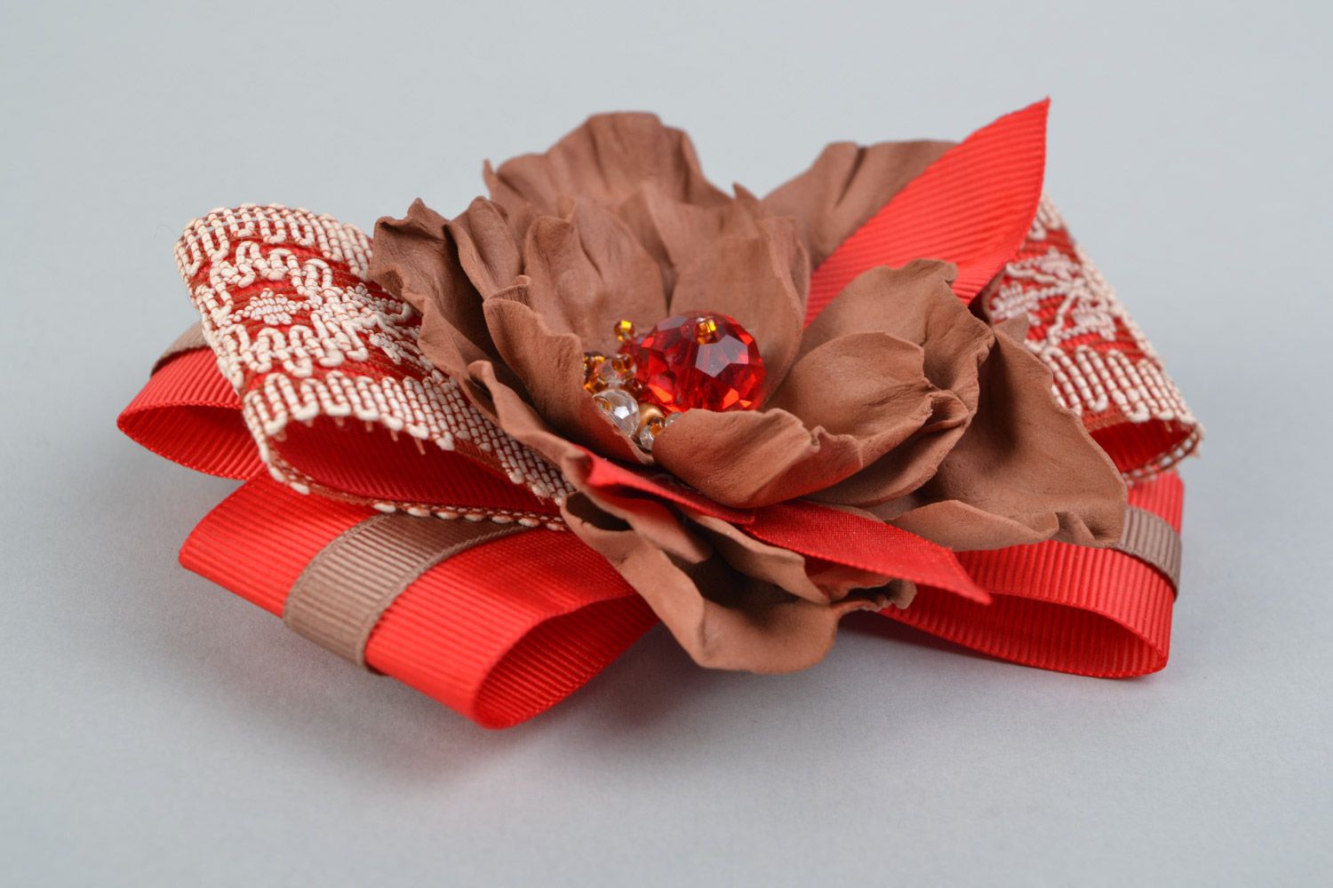 Handmade hair clip brooch with foamiran flower and ribbon bow in red color photo 5