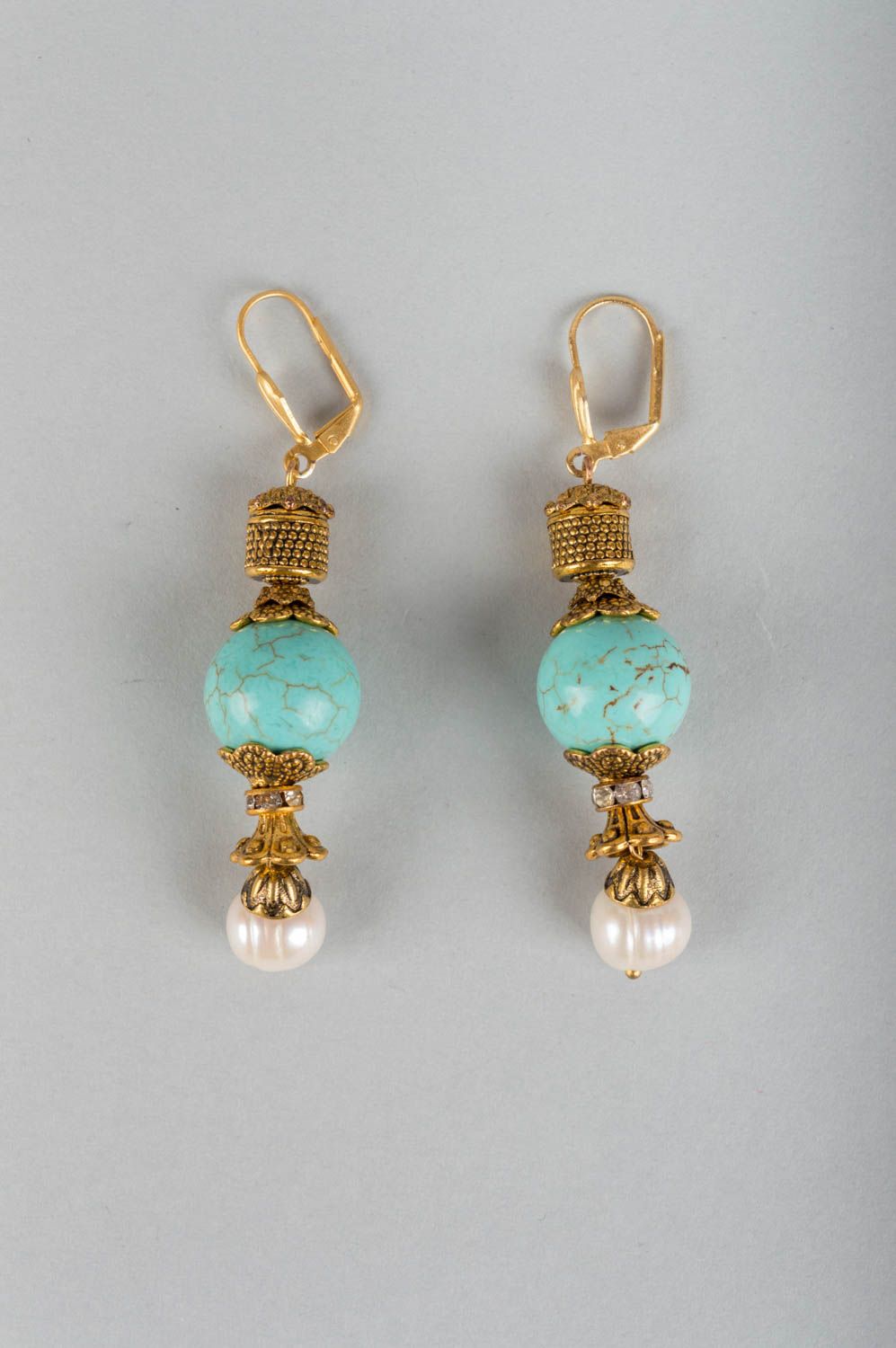 Designer beautiful long blue handmade earrings made of turquoise and brass photo 2