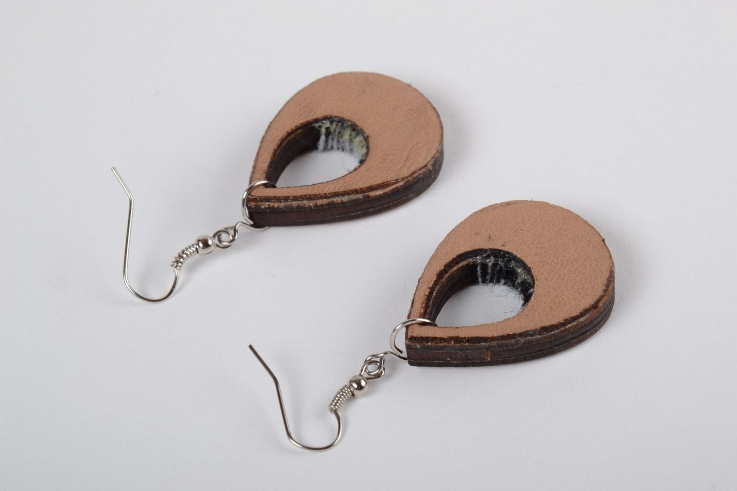 Handmade plywood teardrop-shaped earrings with embroidery in eco style photo 3