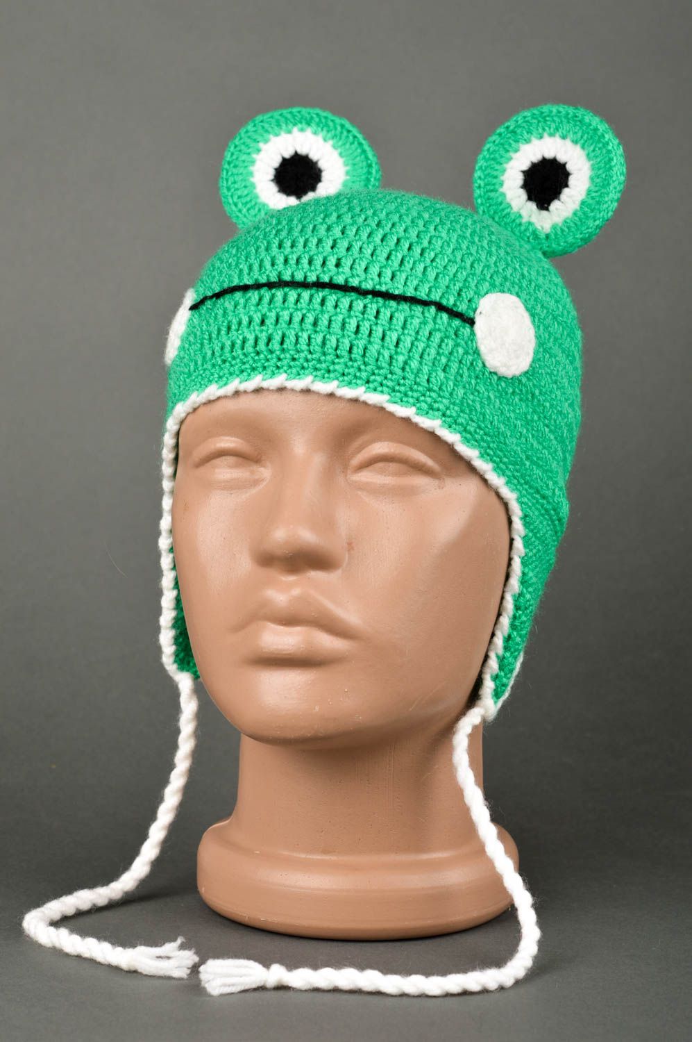 Вязаная шапка для детей ручной работы зимняя шапка зеленая жабка теплая шапка фото 1