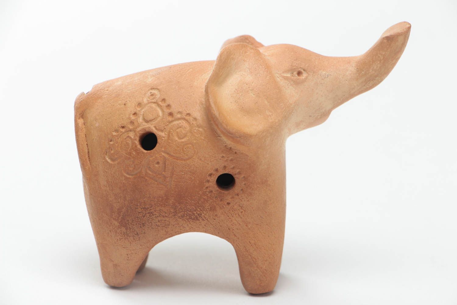 Small handmade brown clay ocarina in the shape of elephant ceramic penny whistle photo 2