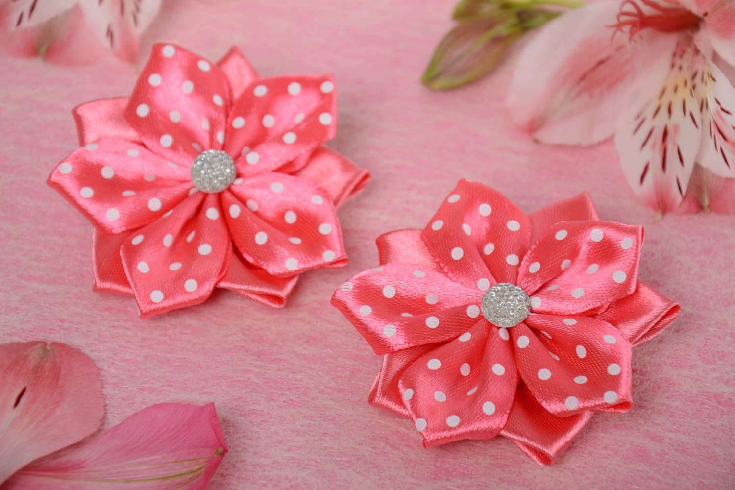 Beautiful children's handmade designer satin ribbon flower barrettes 2 pieces photo 1