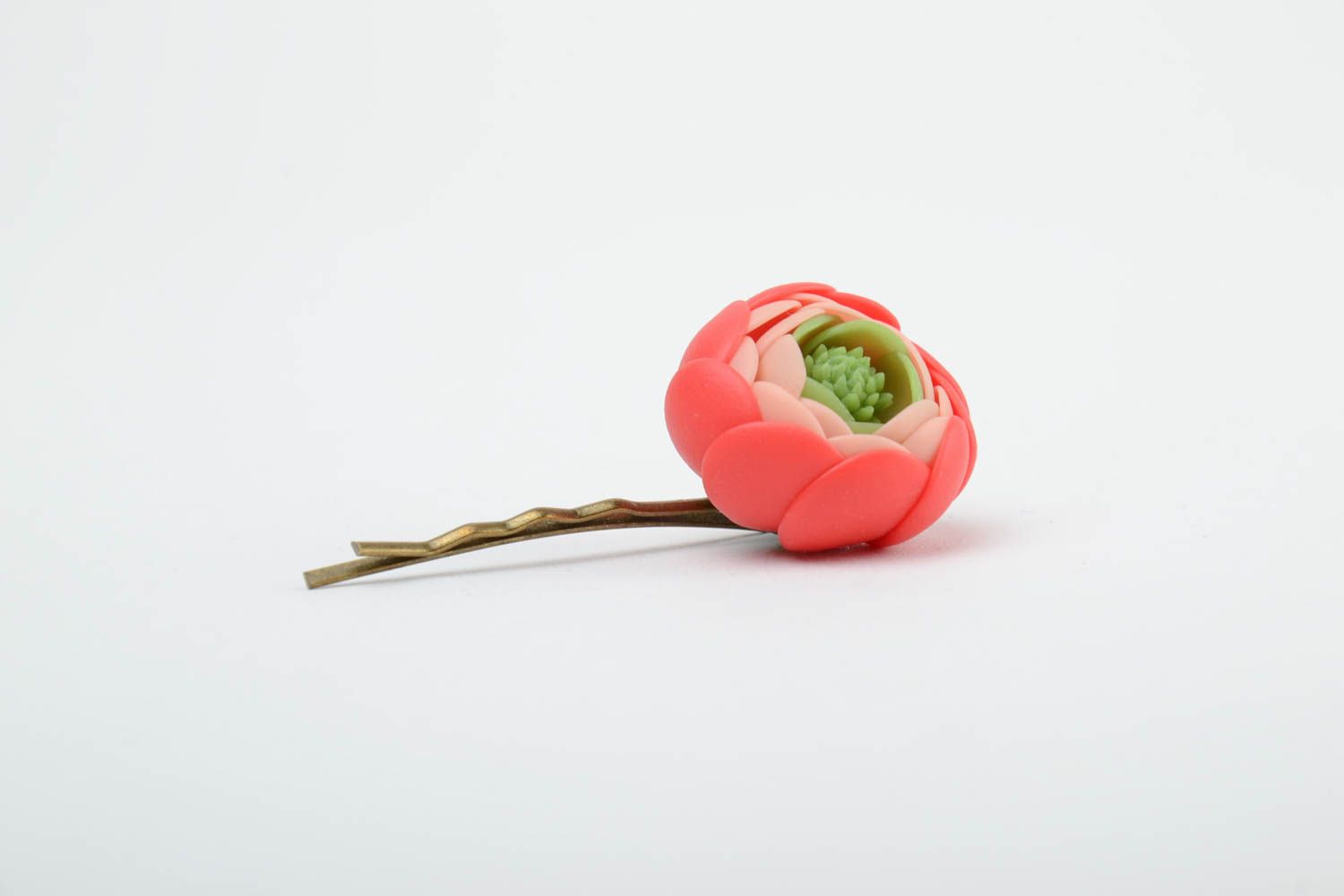 Handmade decorative metal hair pin with cold porcelain pink ranunculus flower photo 4