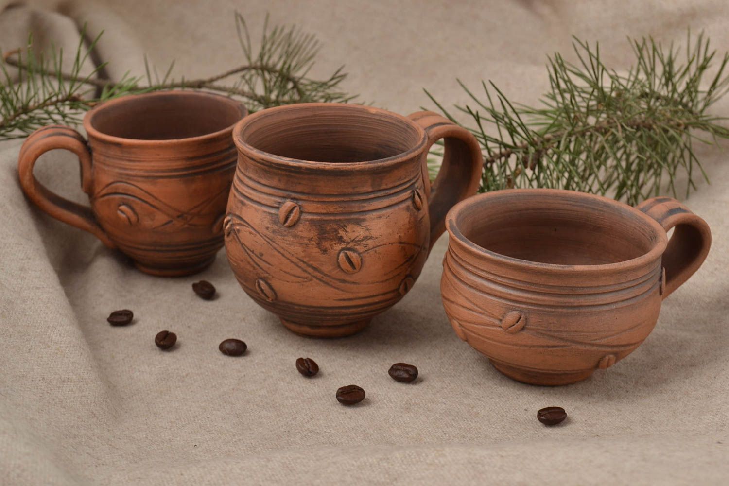 Set of 3 three coffee clay cups in a different style with handles and coffee beans décor 3,5 oz and 1 lb  photo 1