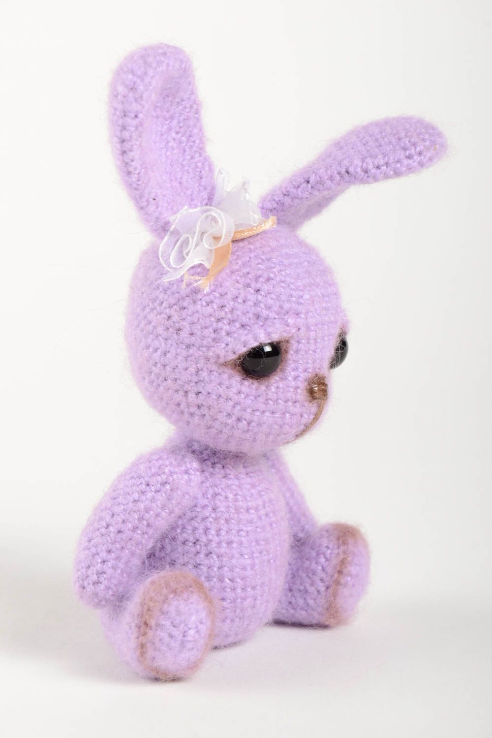 Knitted stuffed violet rabbit toy for baby girl with long ears. 6,6 inches tall photo 5