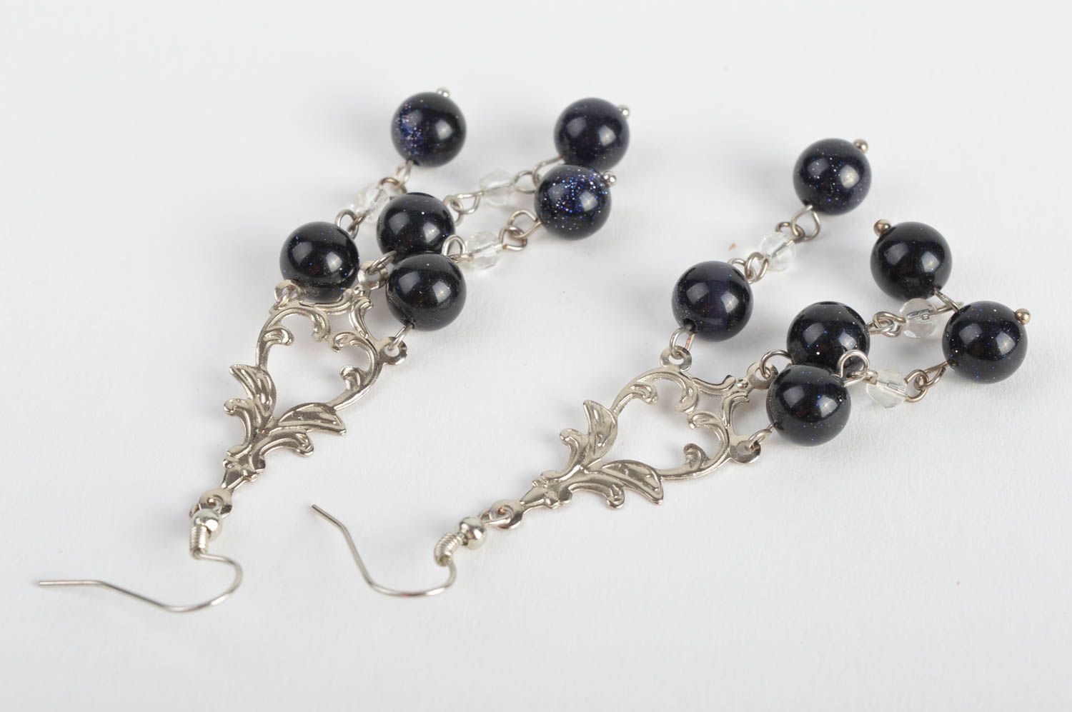 Handmade designer elegant metal earrings with black acrylic beads photo 5