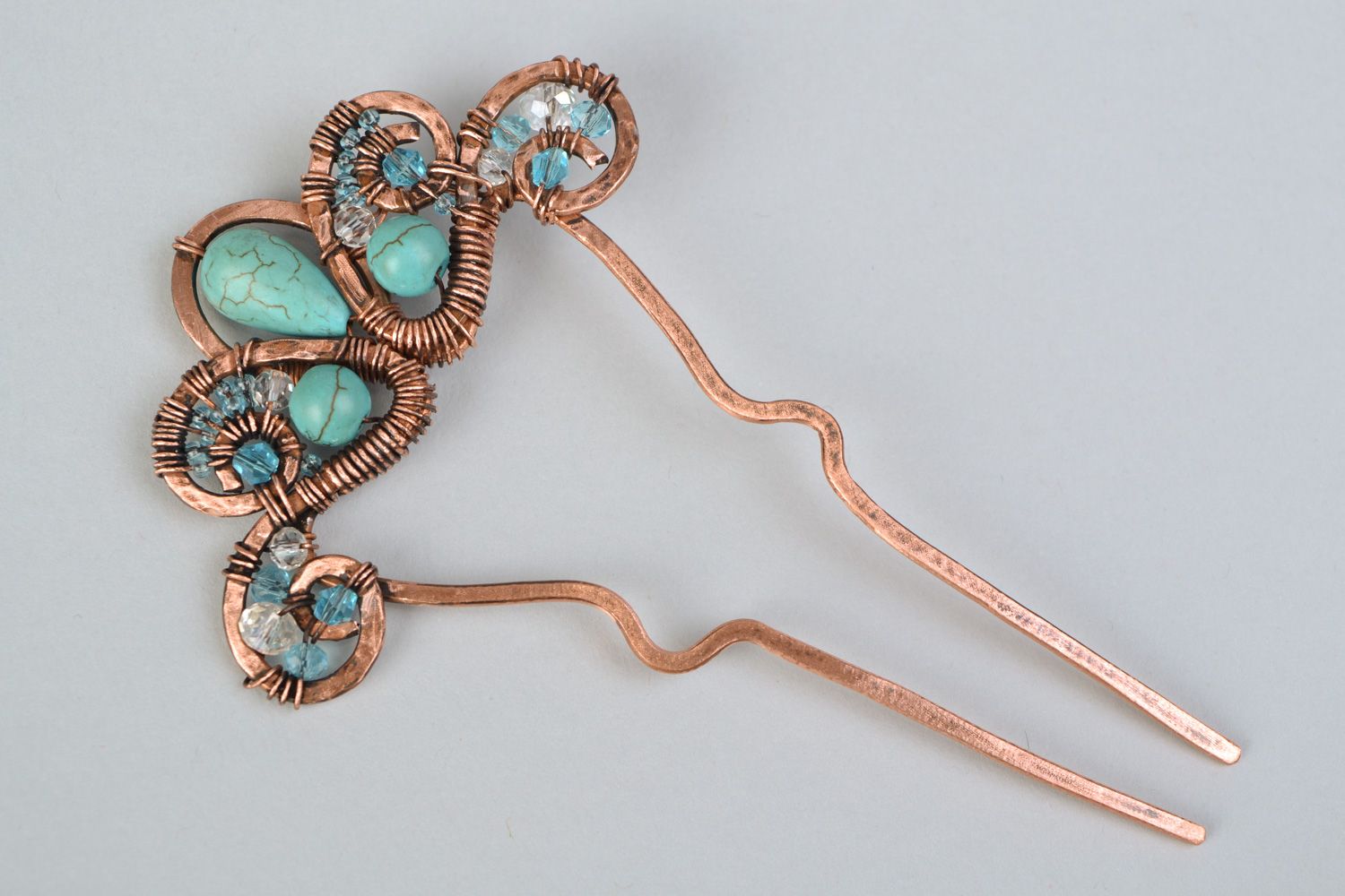Handmade wire wrap copper hairpin with turquoise photo 3