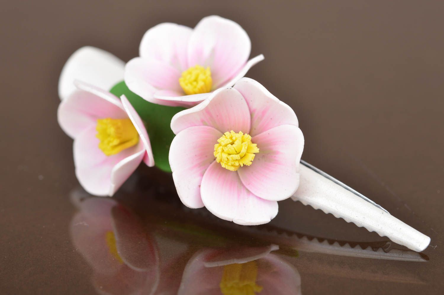Handmade white and pink beautiful hair clip with flowers made of polymer clay photo 4