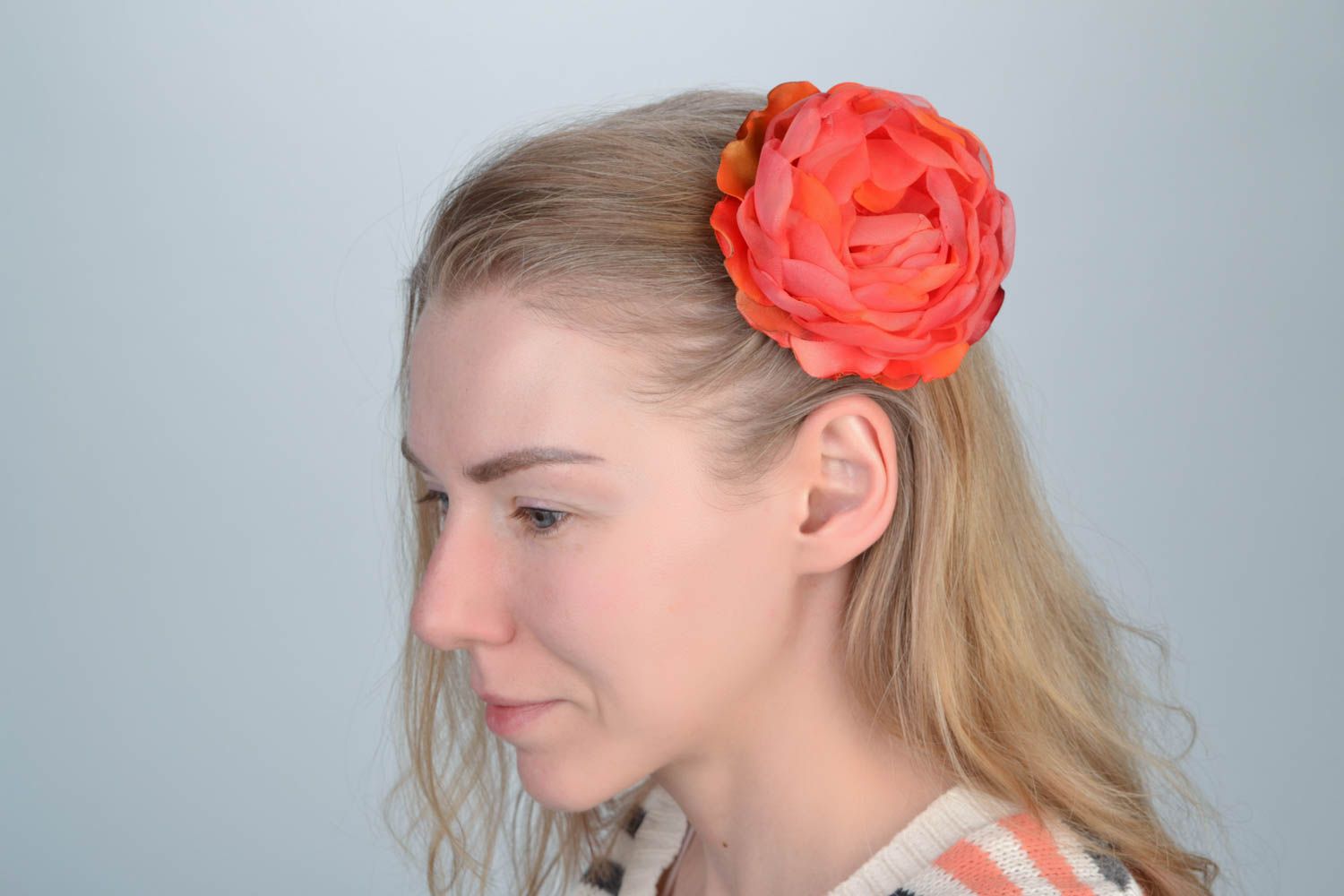 Stylish handmade designer red organza fabric flower hair clip photo 1