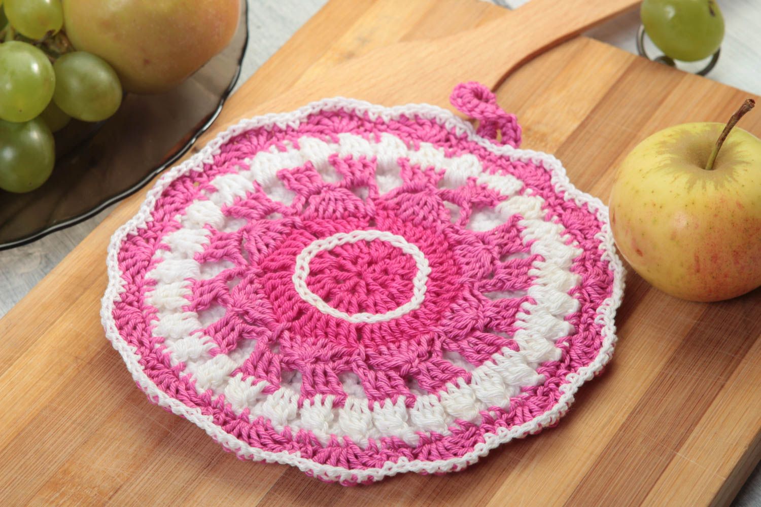 Handmade runder Topflappen gehäkelt Küchen Textilien Haus Deko rosa weiß  foto 1