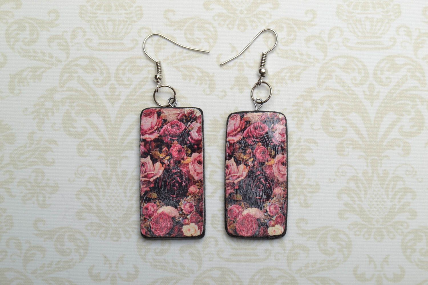 Wooden earrings with decoupage photo 1