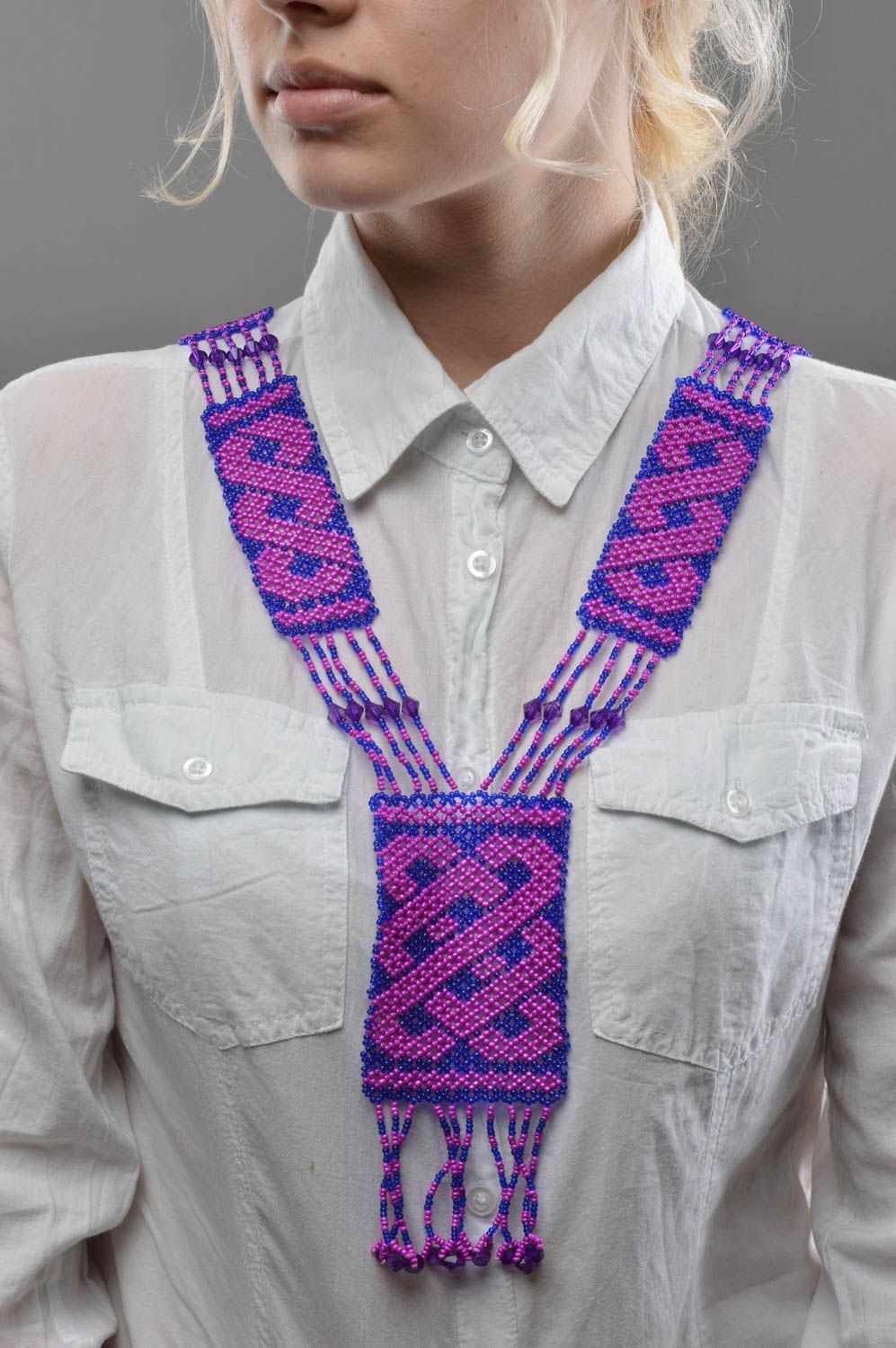 Оригинальное женское ожерелье гердан из бисера ручной работы сине розовый фото 5