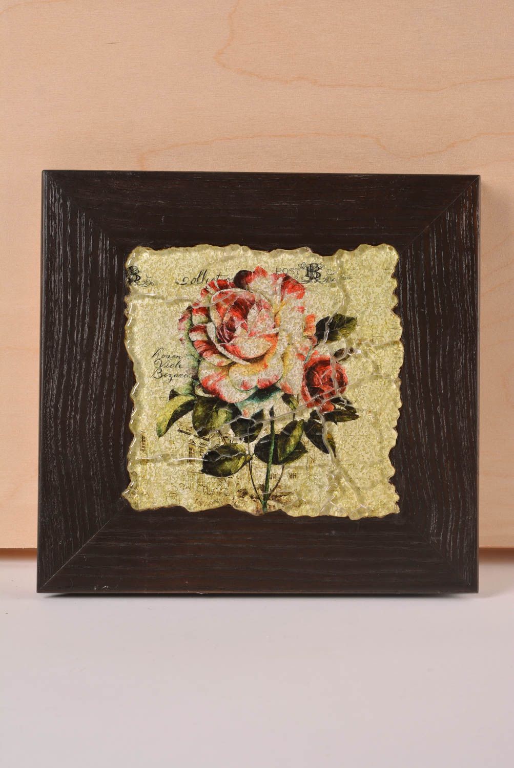 Панно на стену подарок ручной работы красивая картина из стекла и дерева Роза фото 2