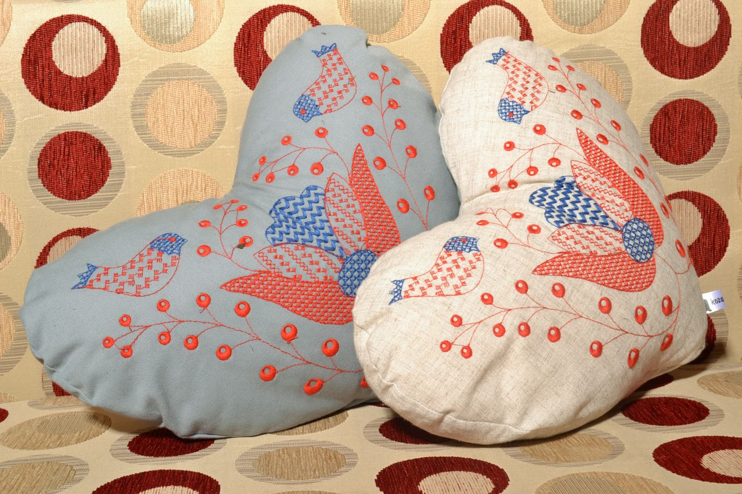 Set of 2 handmade soft heart-shaped accent pillows of gray and white colors photo 1