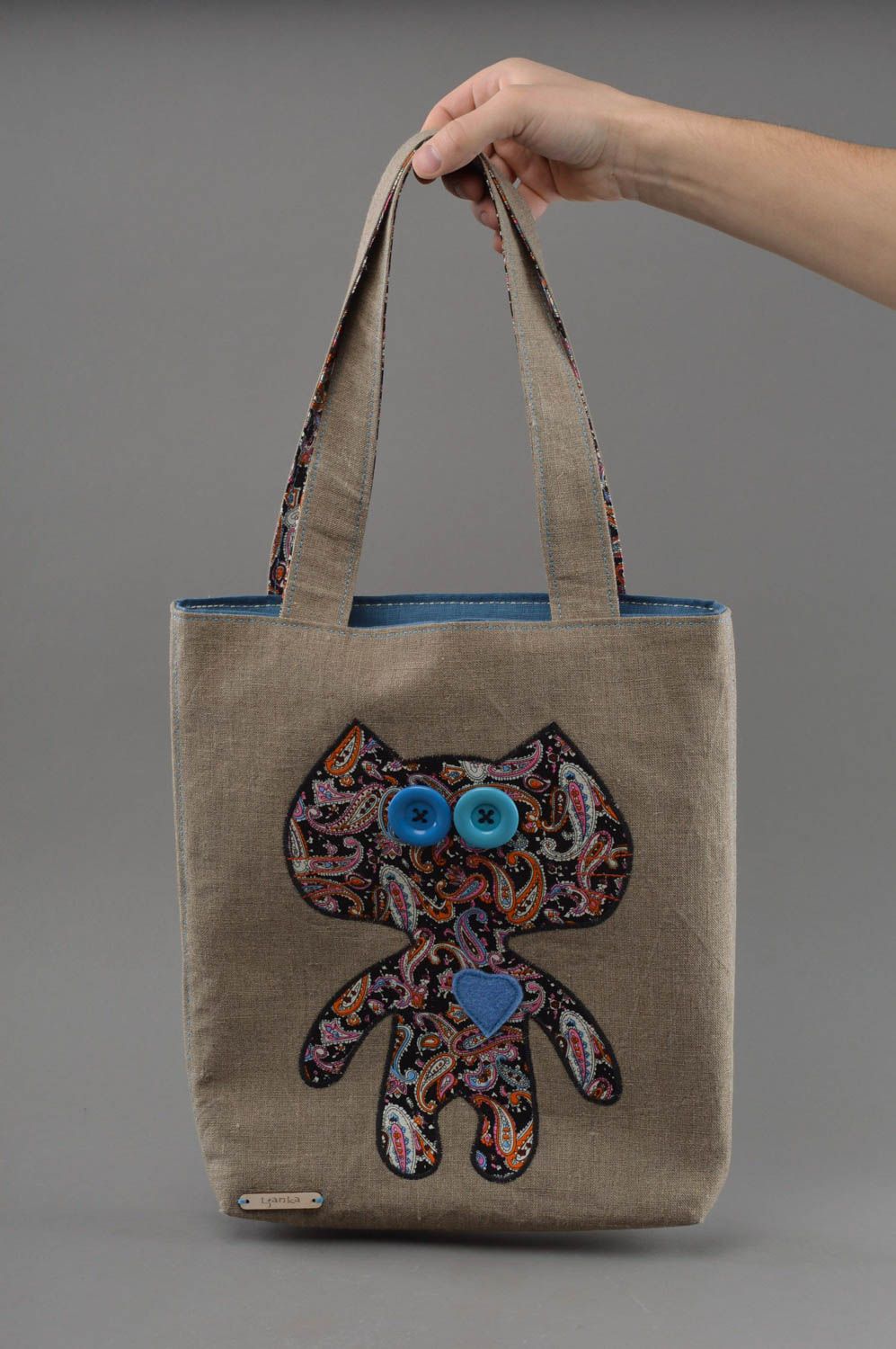 Beautiful handmade designer linen fabric soulder bag with two handles Cat photo 4