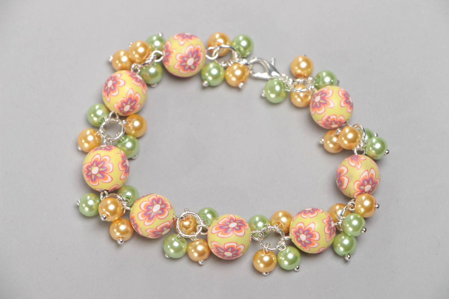 Bracelet en pâte polymère et perles céramiques fait main couleur pêche photo 3