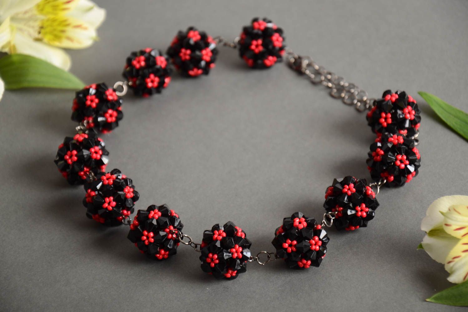 Handmade designer women's necklace crocheted of red and black Czech beads photo 1