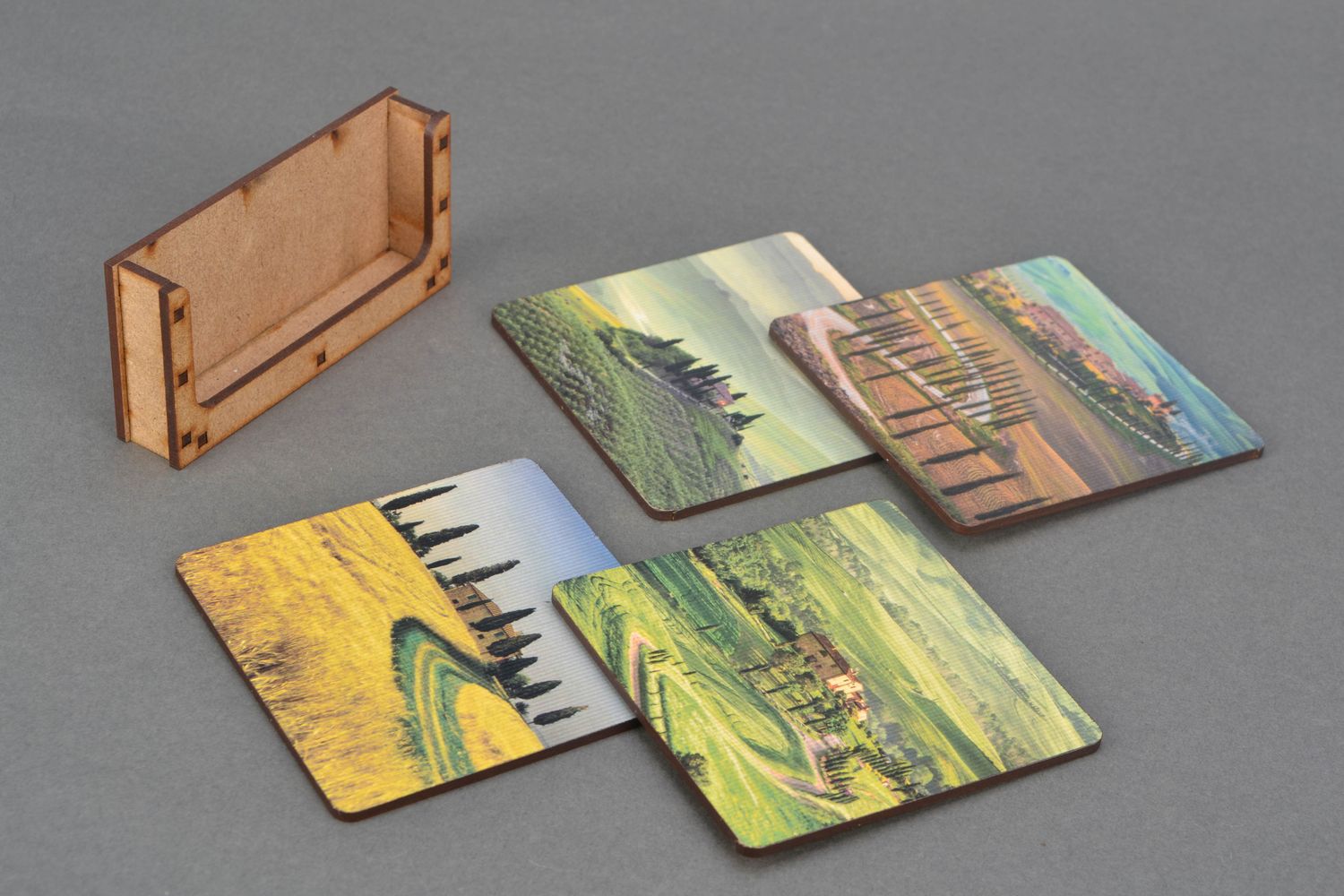 Dessous-de-verre carrés en bois avec imprimé faits main photo 3