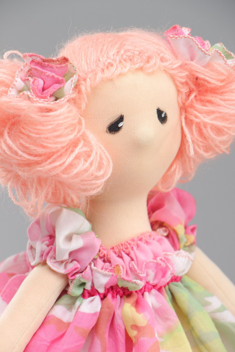 Handmade fabric soft doll of average size in pink dress  photo 3
