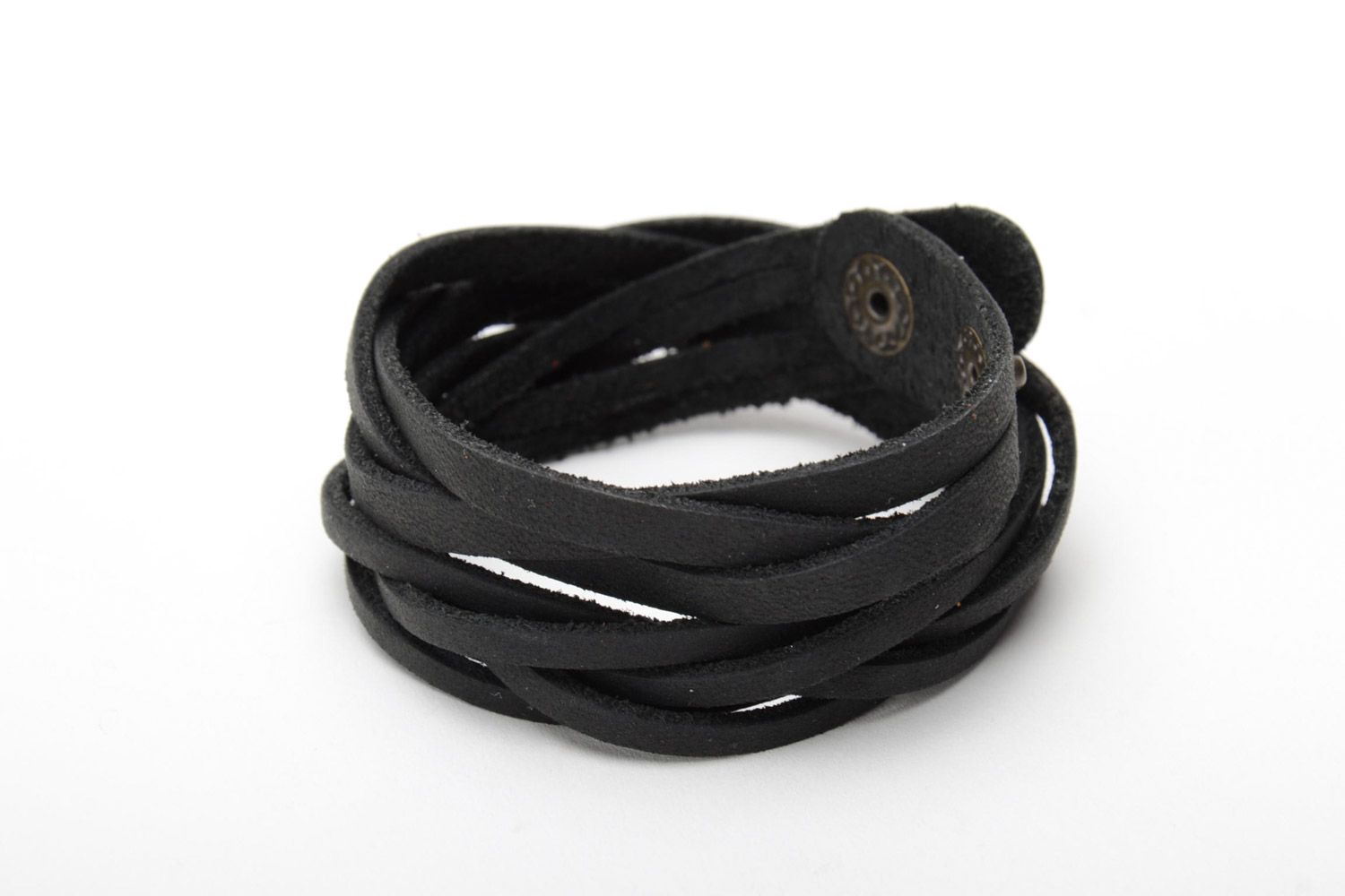 Кожаный браслет унисекс черный с плететнием в два обхвата модный ручная работа фото 3