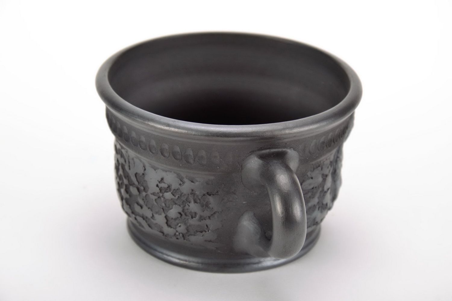 4 oz smoked clay black coffee cup with handle and Ukrainian cozak pattern photo 3