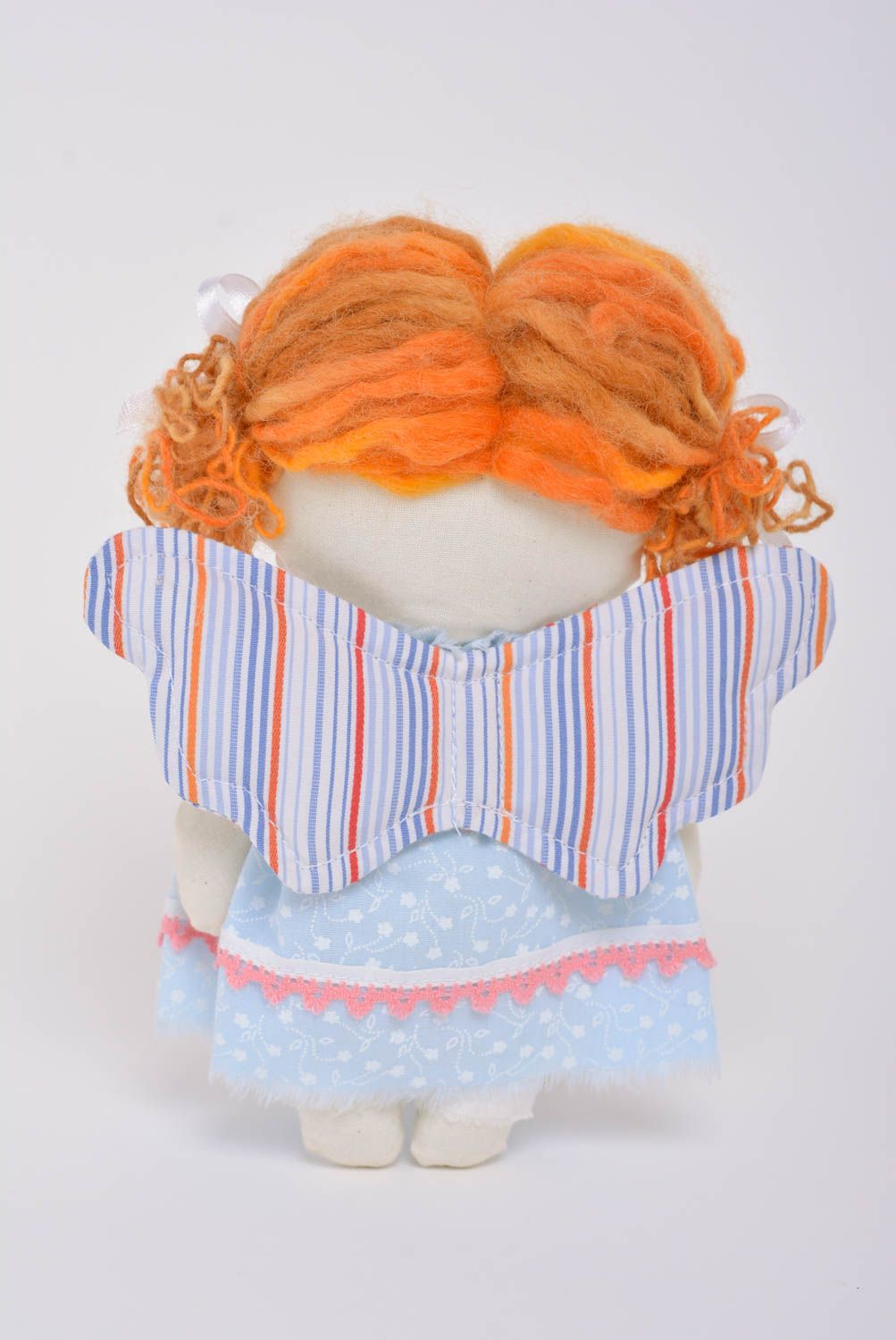 Handmade designer fabric soft doll angel girl in blue dress with striped wings photo 3