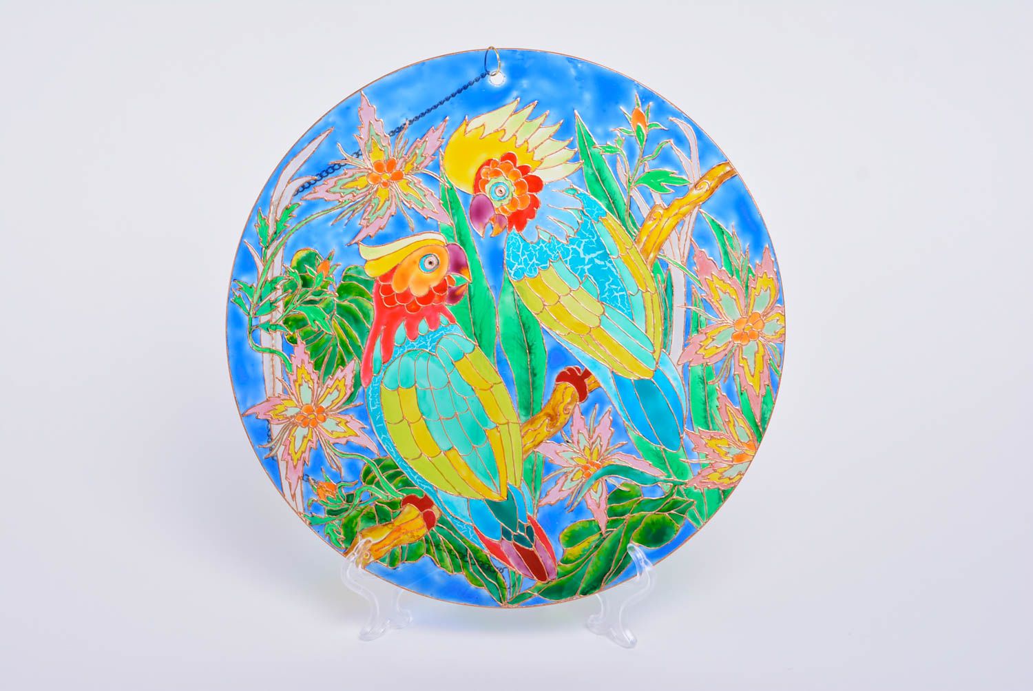Deko Wandteller aus Glas mit Vitrage Farben Bemalung handgemacht Papageien  foto 1