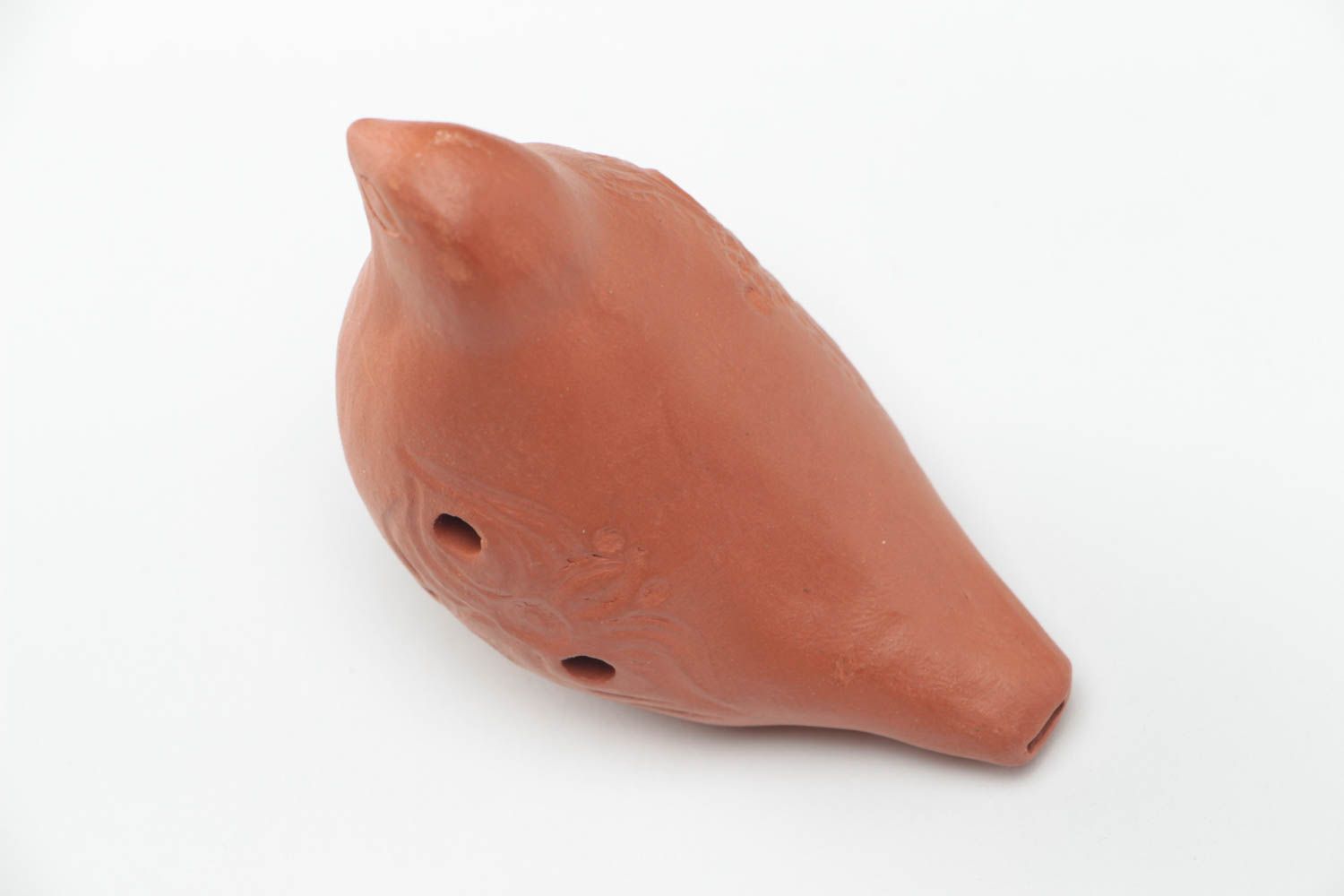 Small handmade designer ethnic clay ocarina Bird of brown color photo 4