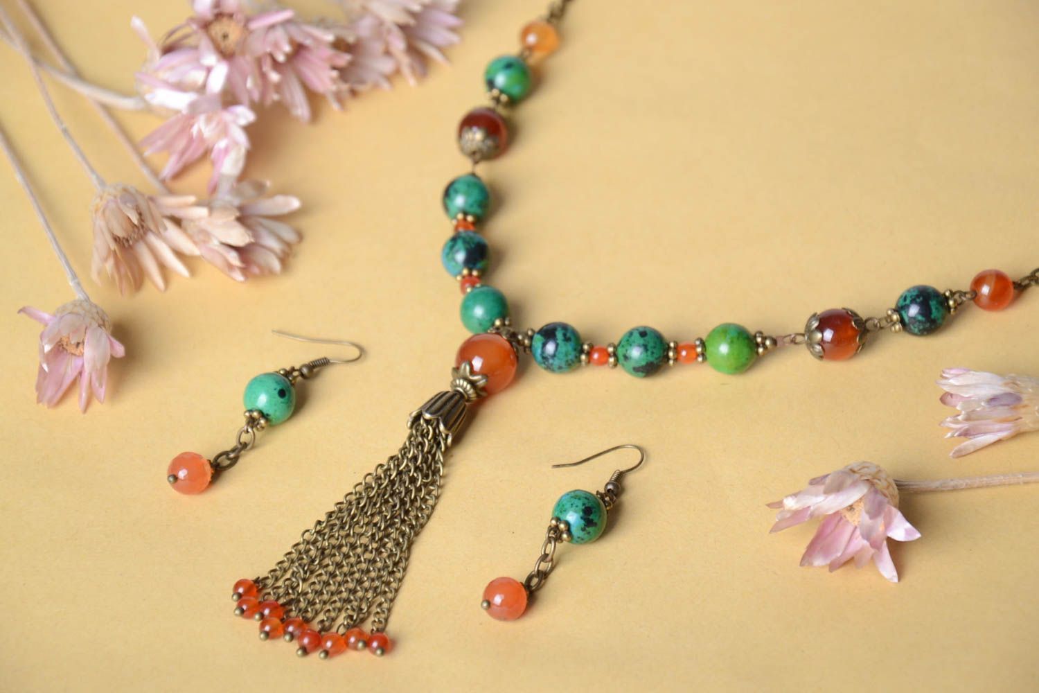 Handmade elite jewelry set unusual beautiful earrings beaded colorful necklace photo 1