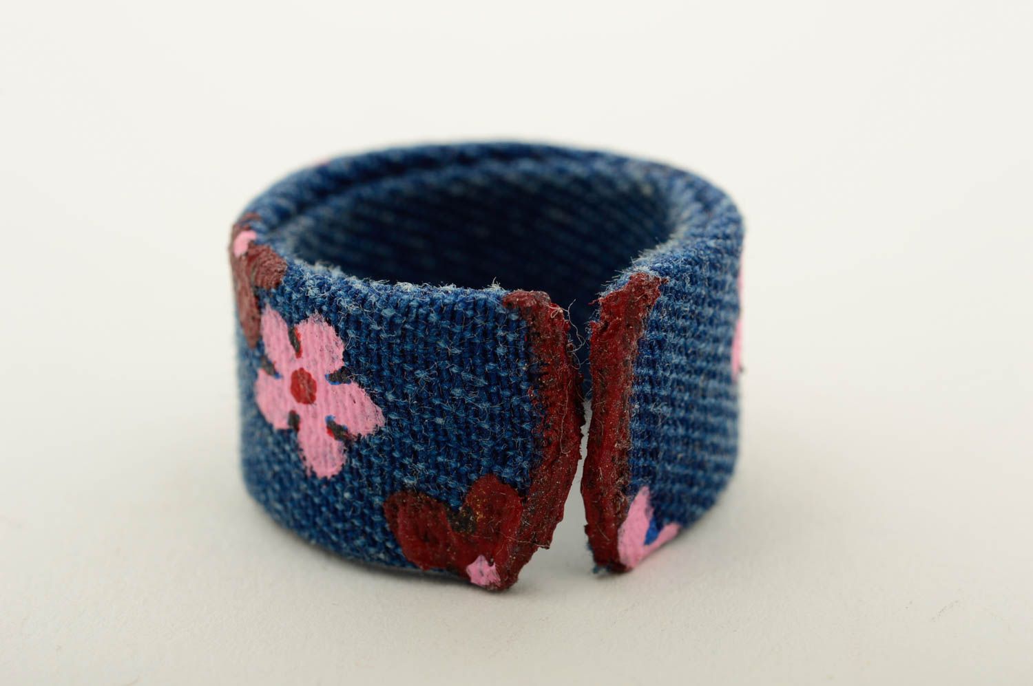 Кольцо ручной работы модное кольцо из джинсовой ткани кольцо с цветами красивое фото 4